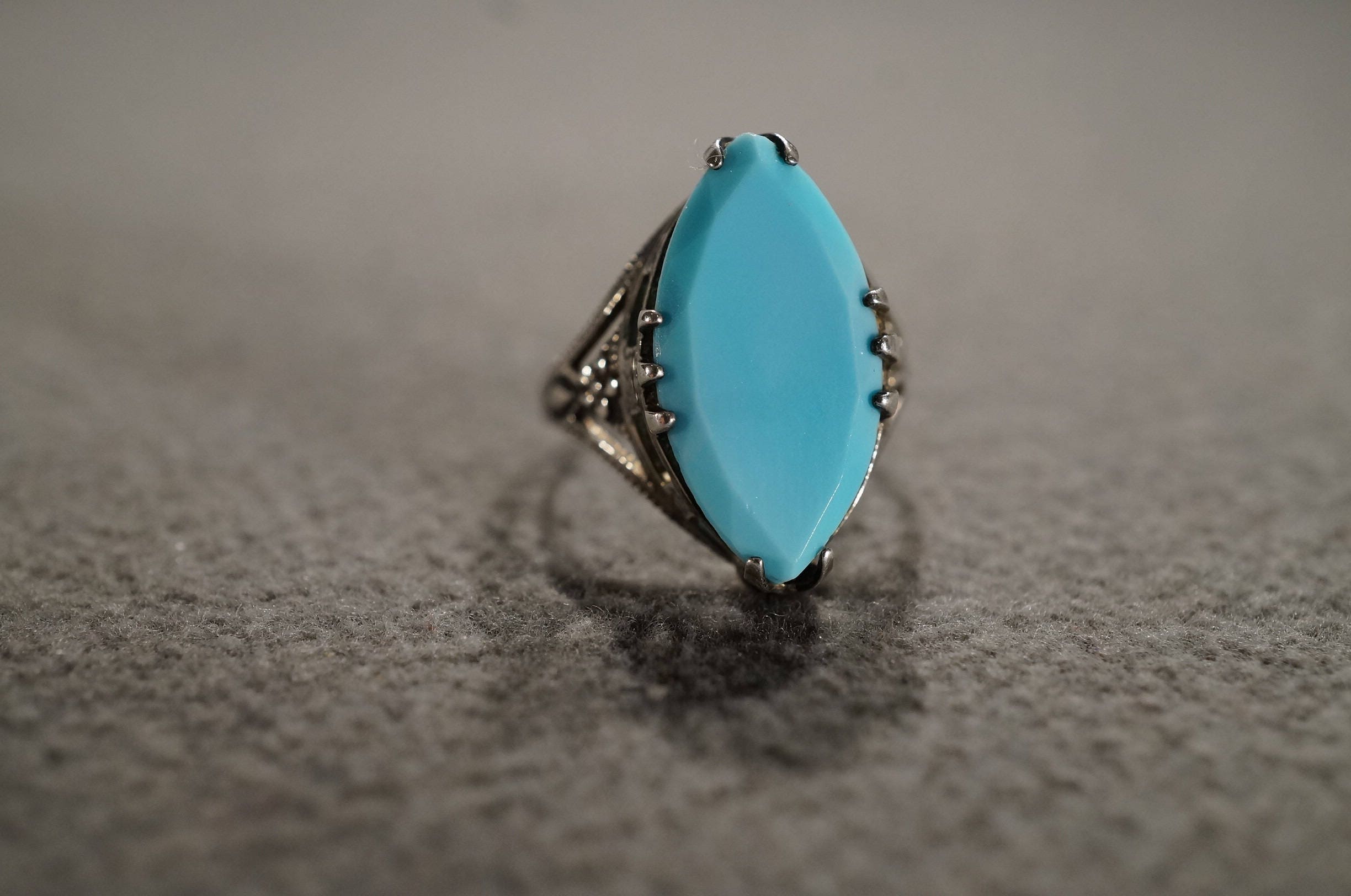 Vintage Sterling Silver Band Ring Prong Set Marquise Faux Sleeping Beauty Turquoise Glass Stone Scroll Etch Filigree Victorian Style, Size 4