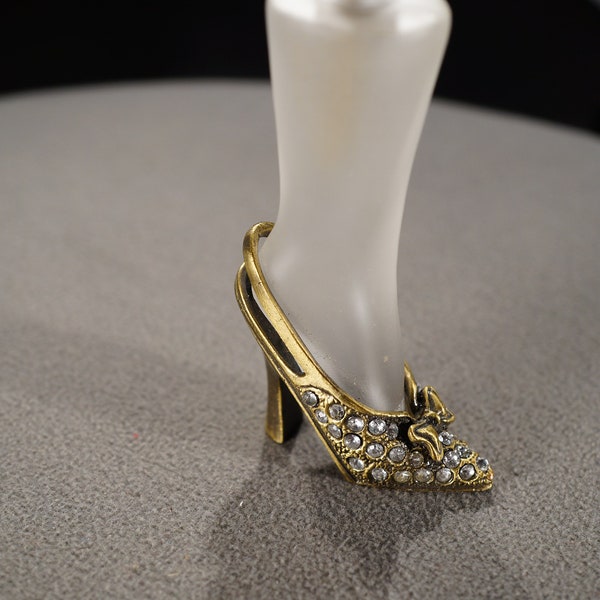 Vintage Yellow Gold Tone Multi Round Rhinestone Victorian Style Woman Leg High Heel Stiletto Shoe Design Perfume Bottle Stopper Dauber