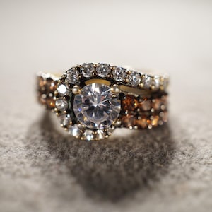 Vintage Wedding Band Stacker Design Ring Sterling Silver Multi Round Prong Set Golden Citrine White Topaz Multi Stone row Setting, Size 7