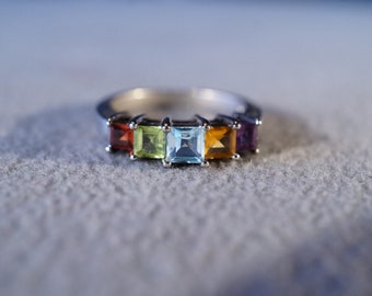 vintage Sterling Silver Wedding Band Stacker Design Ring 5 Square Prong Set Golden Citrine Peridot Garnet Africain Amethyst Blue Topaz Taille 7