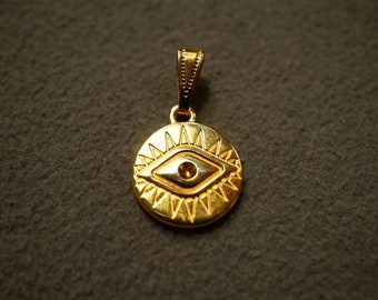 Vintage Yellow Gold Plated Traditional Classic Greek Mediterranean Collectable Round Etched Eye Of God Dangle Charm Pendant Good Luck Charm