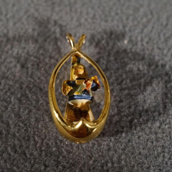 Vintage Sterling Silver Yellow Gold Overlay Multi Colored Painted Porcelain Female Figural Hummel Style Design Pendant Charm    #680    **RL