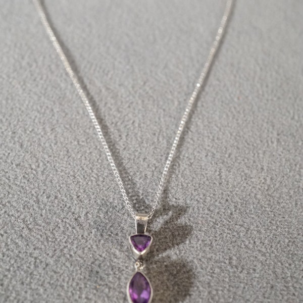 Vintage Sterling Silver Trillion Marquise African Amethyst Dangle Pendant Charm Necklace Chain     #404