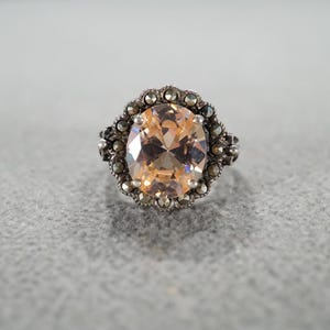 Vintage Wedding Band Stacker Design Ring Sterling Silver Round Oval Prong Set Golden Citrine Marcasite Cluster Halo Multi Stone Setting, 7