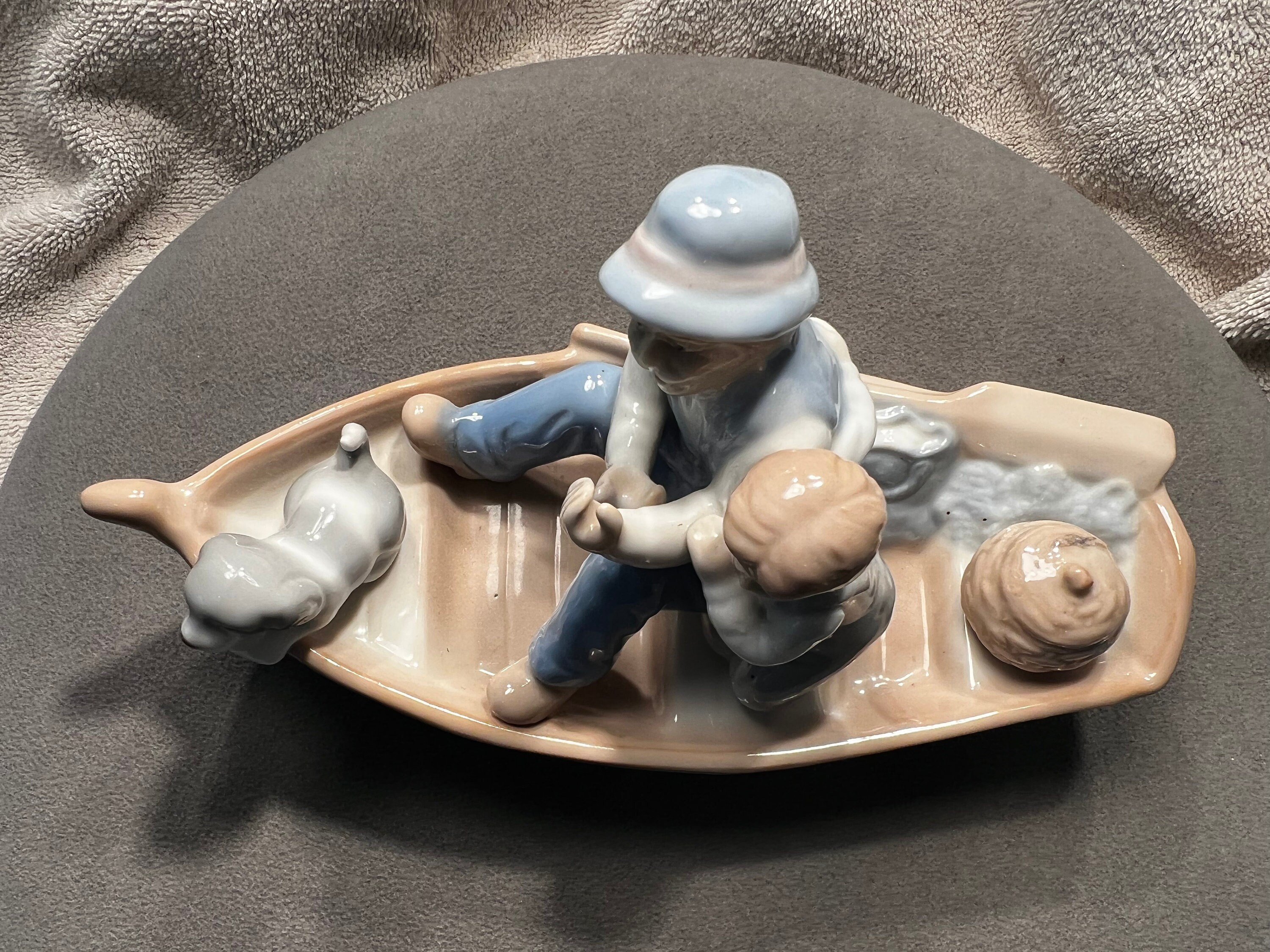 Vintage MEICO INC Man w/ Boy Dog Boat Fine Porcelain Figurine