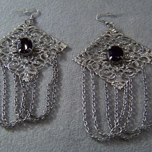 Vintage  Silver Tone  2 Oval Jet Black Rhinestone Huge Fancy Filigree Art Deco Style 3.5 " Long Euro Wire Dangle Pierced Earrings