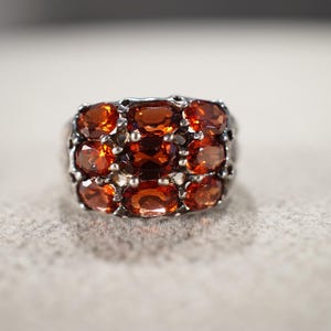 Vintage Wedding Band Stacker Design Ring Sterling Silver 9 Oval Prong Set Garnet Cluster Row Multi Stone Setting Classic Collectable, Size 9