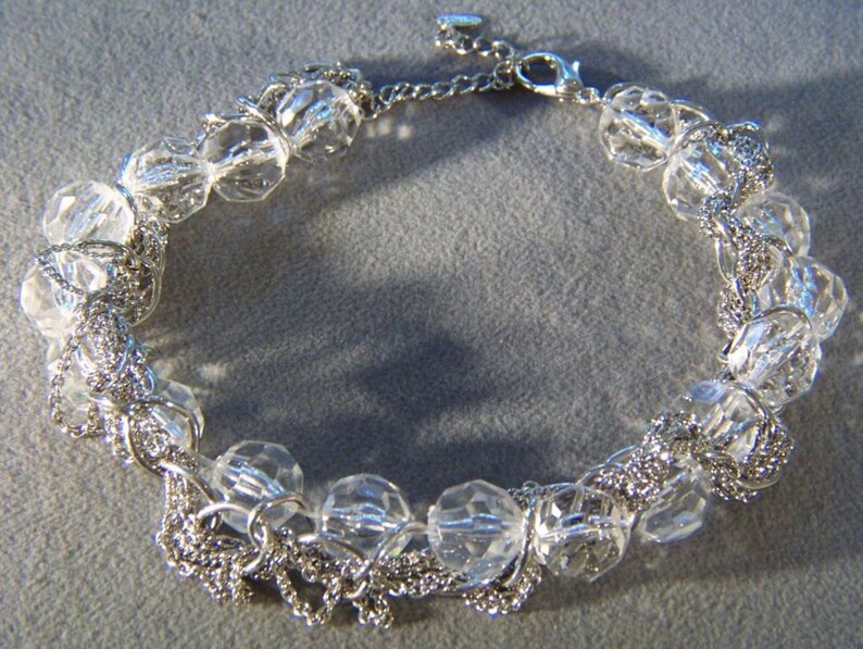 Vintage Multi Round Carved Lucite Bead Fancy Twisted Silver Tone Link Chain Art Deco Style Necklace **RL