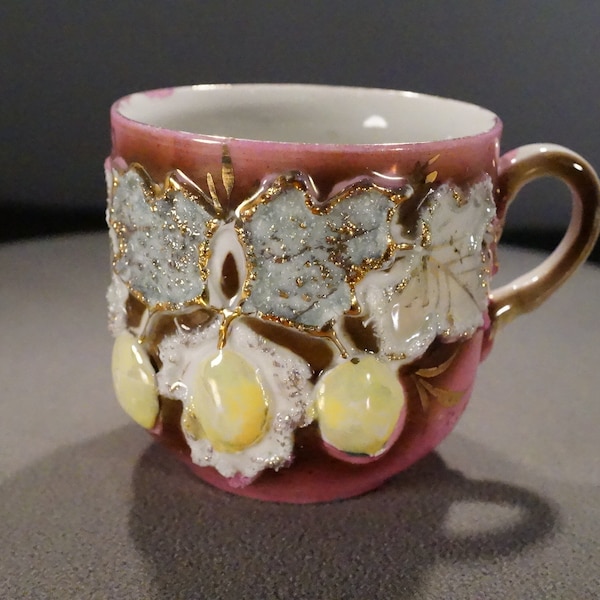 Antique Vintage Fancy German Luster Victorian Porcelain Raised Floral Art Handled Mug Cup Yellow Gold Trim Dinning Table Home Decor Classic