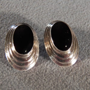 Vintage Sterling Silver 2  Large Oval Black Onyx Bold Dangle Pierced Earrings