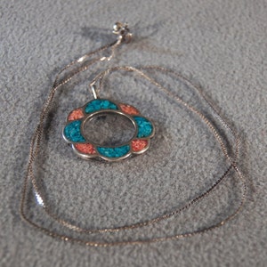 Vintage Sterling Silver Multi Turquoise Coral Inlayed  Southwestern Style Pendant Charm Necklace Chain