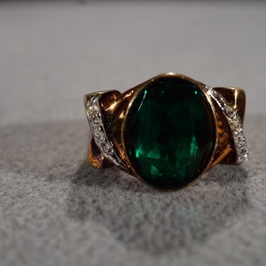 Vintage Band Ring Sterling Silver 14 K Yellow Gold Overlay 9 Round Oval Green Clear Cubic Zirconia Bezel Set Size 6.5