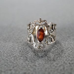 Vintage Wedding Band Stacker Design Ring Sterling Silver Multi Round Marquise Prong Set Garnet Marcasite Cluster Multi Stone Setting, 3.5