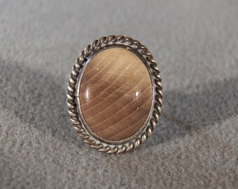 Vintage Sterling Silver  Large Domed Striated Gray Agate Fancy Braided Wide Band Band Ring, Size 6.5