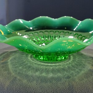 Antique Vintage Bowl Opalescent Green Depression Glass Center Piece Ruffled Edge Design Raised Relief Etch Design Art Deco Style Home Decor