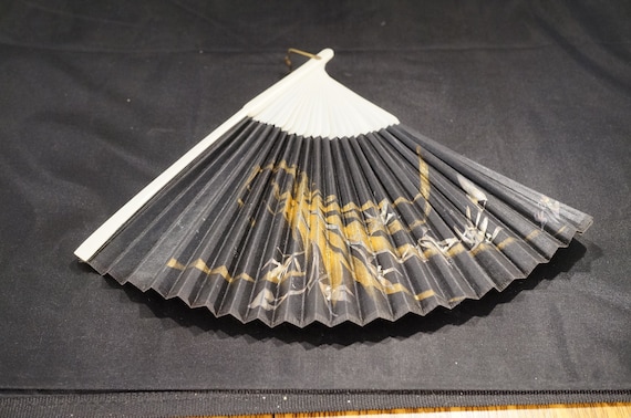 Antique Vintage Victorian Hand Fan Black Yellow G… - image 1