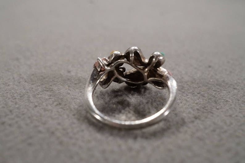 Vintage Sterling Silver Wedding Cigar Band Style Ring 8 Pear Round Angel Coral Pink Topaz Mother Of Pearl Turquoise Butterfly Design Size 8