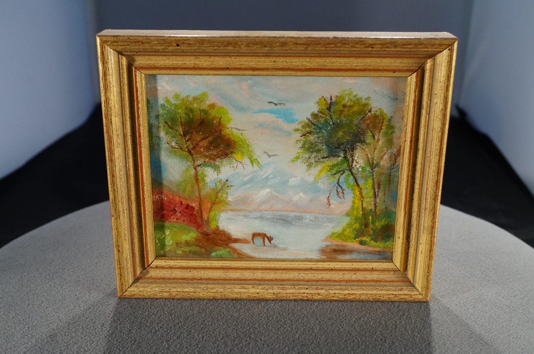 Antique Vintage Framed Oil Painting Artist Rendered Landscape Lake ...