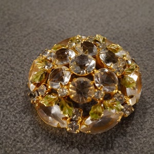 Antique Vintage Pin Brooch Yellow Gold Tone Multi Round Marquise Prong Set Glass Rhinestones Enameled Domed Round Setting Collectable  #2924