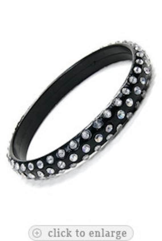 Vintage Jet Black Lucite Plastic Multi Round Rhinestone Art Deco  StyleTennis Bangle Bracelet