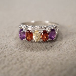 Vintage Wedding Band Stacker Design Ring Sterling Silver 15 Round Prong Set African Amethyst Garnet Golden Citrine Diamond Multi Stone, 7