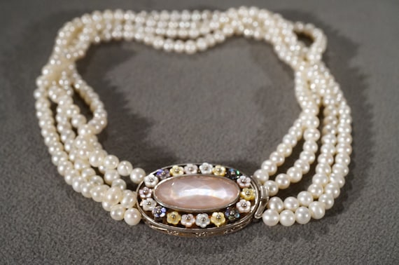 Vintage Sterling Silver Multi Round Cultured Pearl 4 Strand  display picture 1