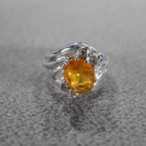 Vintage Wedding Band Stacker Design Ring Sterling Silver 5 Oval Round Prong Set Golden Citrine White Topaz Cluster Multi Stone, Size 7