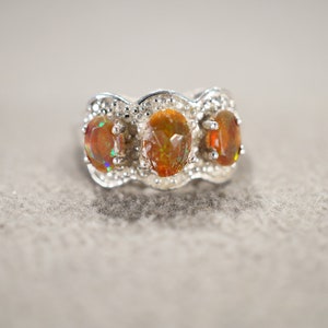Vintage Wedding Band Stacker Design Ring Sterling Silver 5 Oval Round Prong Set Ethiopian Opal Diamond Cluster Multi Stone Setting, Size 5