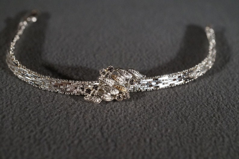 Vintage Sterling Silver Italian 8 Round White Topaz Fancy Etched Raised Relief Center Medallion Woven Link Bracelet #580 **RL