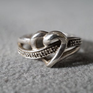 Vintage Sterling Silver Large Curled Bold Heart Design  10 Round Diamond Fancy Band Ring, Size 7