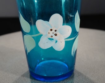 Antique Vintage Artist Blue Hand Painted Tumbler Glass Detailed Flower Design Victorian Style Dinning Home Decor Table Top Collectable