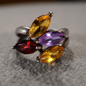 Vintage Sterling Silver Band Ring 4 Marquise Prong Set Golden Citrine African Amethyst Garnet Multi Stone setting Classic Collectable Size 8