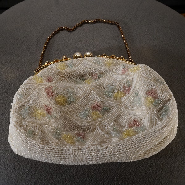 Antique Vintage Hand beaded Clutch Wedding Purse Clutch Handbag Round Swarovski Crystals Faux Pearl Signed Jolles Original Made in USA 1950s