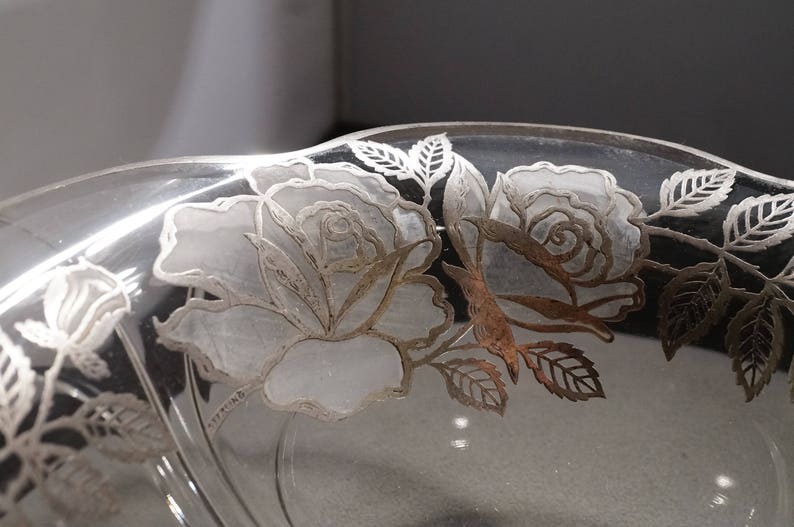 Vintage Early American Depression Glass Bowl Center Piece Sterling Silver Flower Leave Design Scalloped Edged Victorian Style Home Decor