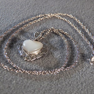 Vintage Sterling Silver Heart Mother Of Pearl Multi Round Marcasite Fancy Pendant Charm Necklace Chain