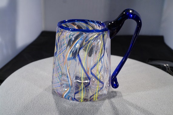 Vintage Italian Venetian Murano Art Glass Vase Pitcher Multi Colored Ribbon Lattice Work Design Applied Handle Home Decor Art Deco Style