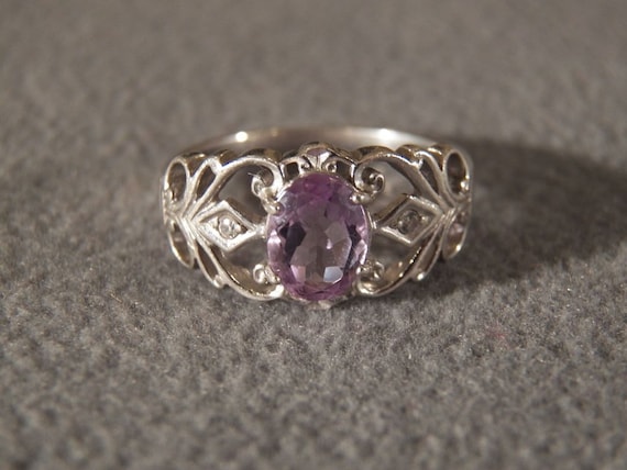 Oval Amethyst Ring Sterling Silver Wide Band with Scroll Design Oval Amethyst Ring Sterling Silver Wide Band with Scroll Design