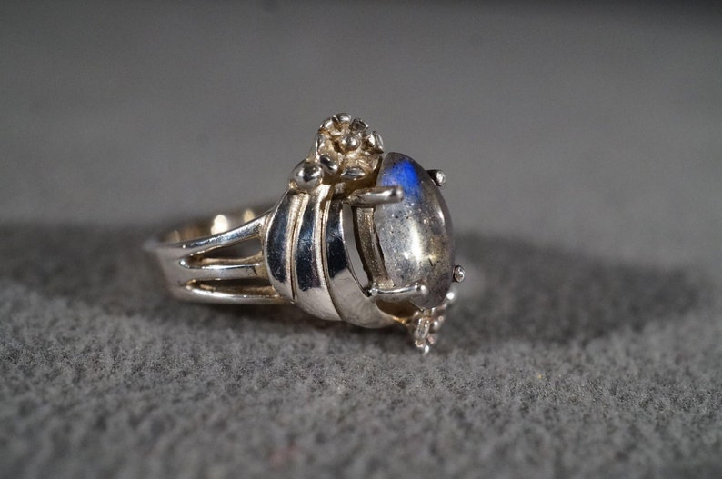 Vintage Sterling Silver Marquise Moon Stone Fancy Ribbed Etched Scrolled Band Ring Size 6 **RL