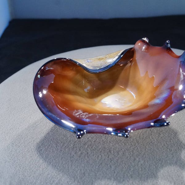 Italian Murano Venetian Art Glass Bowl Center Piece Sculpted Scalloped Shell Design Bowl Opalescent Art Glass Home Deco Collectable