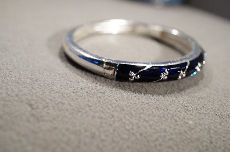 Vintage Silver Tone Bangle Bracelet Fancy Raised Relief Design Blue ...