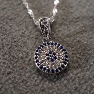 Vintage Sterling Silver Pendant Charm Necklace Chain Multi Round White London Blue White Topaz  Greek Eye Of God Design Classic      #3497