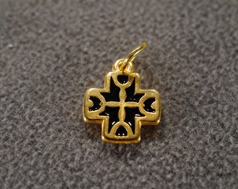 Vintage Yellow Gold Plated Greek Mediterranean Collectable Religious Cross Jet Black Enameled Classic Dangle Charm Pendant Greece