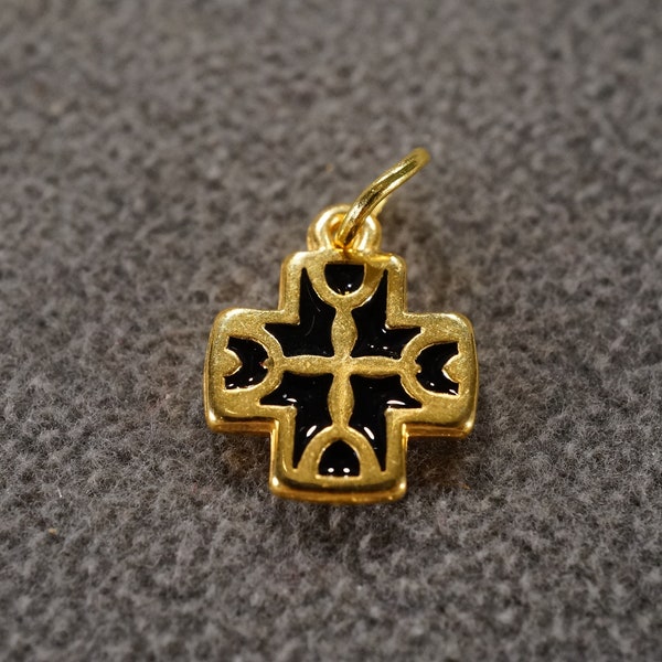 Vintage Yellow Gold Plated Greek Mediterranean Collectable Religious Cross Jet Black Enameled Classic Dangle Charm Pendant Greece