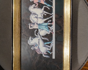 Antique Vintage Black Yellow Gold Rectangle Framed Wall Hanging Multi Colored Print Multi Grecian Goddess Figurals Horses Home Decor Classic