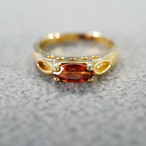 Vintage Wedding Band Stacker Design Ring Sterling Silver Yellow Gold Overlay 3 Bezel Prong Set Citrine Garnet Cluster Multi Stone Setting, 6