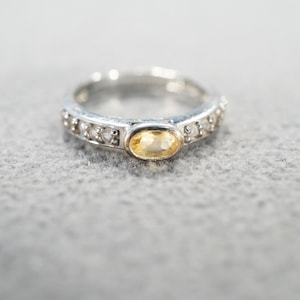 Vintage Wedding Band Stacker Design Ring Sterling Silver 9 Oval Round Bezel Set Golden Citrine Diamond Cluster Multi Stone Setting, Size 5