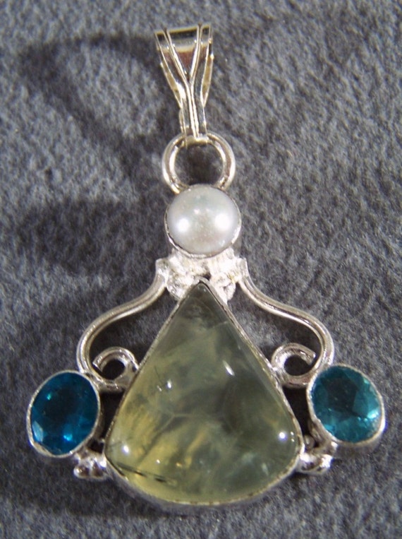 Vintage Sterling Silver Large Pear Prehnite 2 Lond