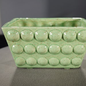 May include: A light green ceramic planter with a textured surface. The planter has a rectangular shape and is decorated with a pattern of raised circles.