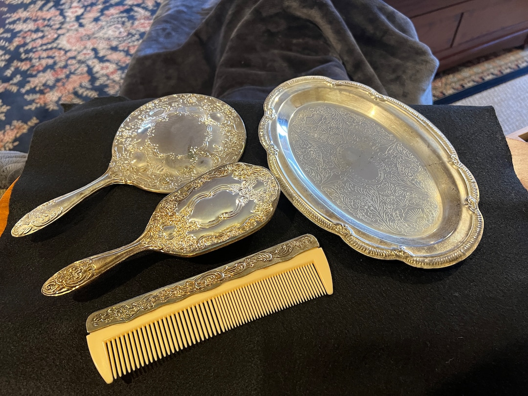 Vintage Silver Plate Vanity Dresser Set Matching Hand Mirror Brush