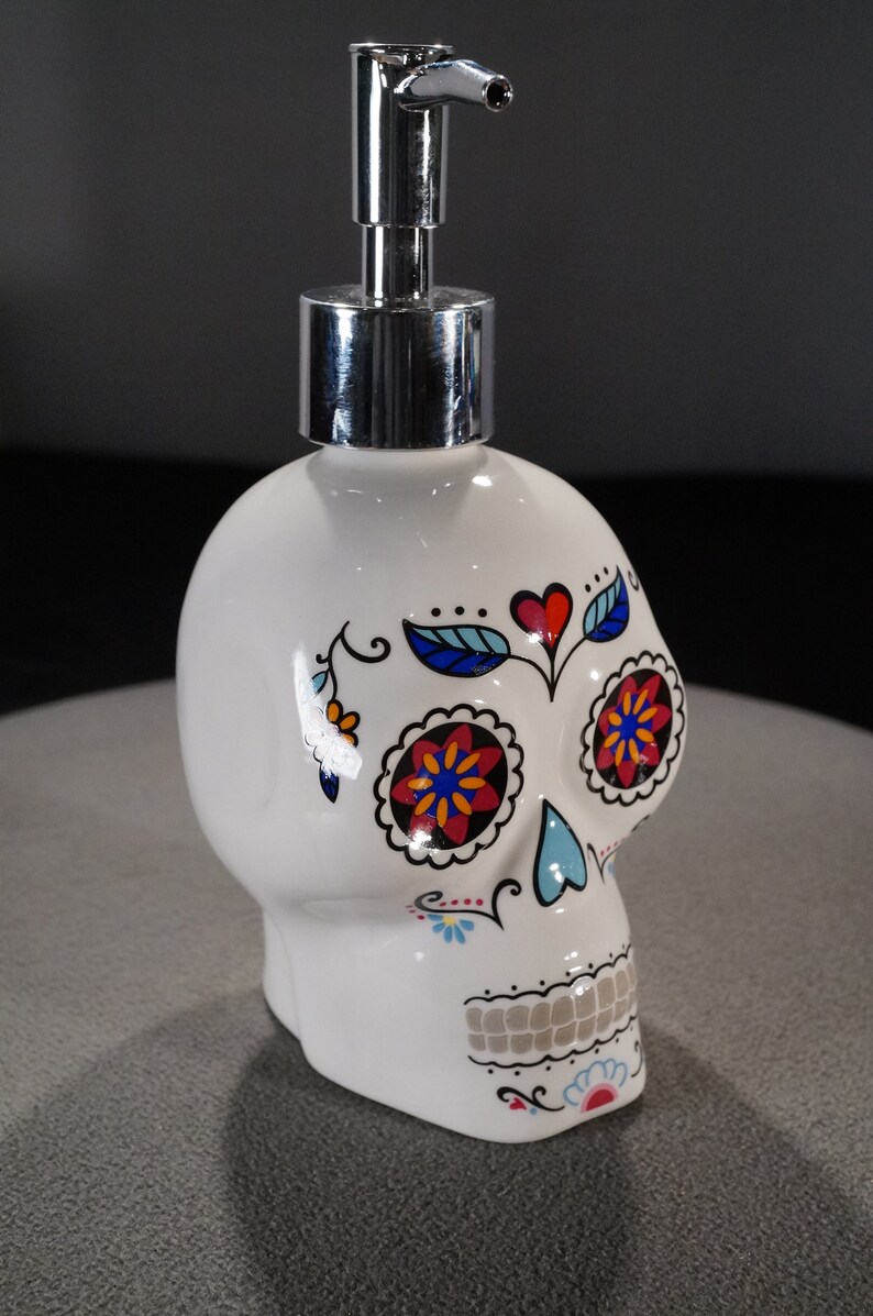 Vintage Ceramic Pottery Glazed Soap Dispenser Holder Multi Colored Detailed Skull Design Bathroom Powder Room Kitchen Accessory Home Decor image 3